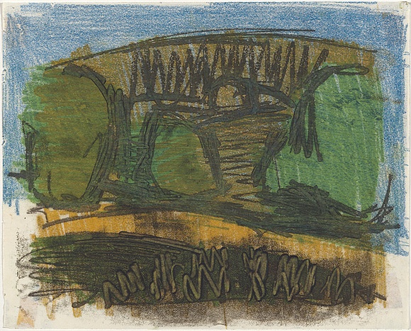 Artist: b'MADDOCK, Bea' | Title: b'(Landscape with trees: study for a lithograph' | Date: 1961 | Technique: b'monotype, printed in colour; additional drawing in wax crayon' Artist: b'MADDOCK, Bea' | Title: b'(Landscape with trees: study for a lithograph' | Date: 1961 | Technique: b'monotype, printed in colour; additional drawing in wax crayon'