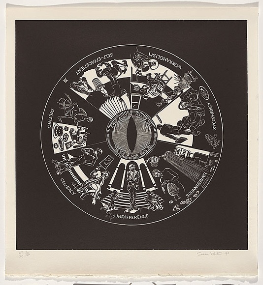Artist: b'White, Susan Dorothea.' | Title: b'The seven deadly sins of modern times' | Date: 1993 | Technique: b'woodblock, printed in black ink, from one block' Artist: b'White, Susan Dorothea.' | Title: b'The seven deadly sins of modern times' | Date: 1993 | Technique: b'woodblock, printed in black ink, from one block'