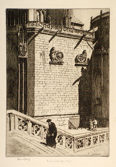 Artist: LINDSAY, Lionel | Title: The Constable's Chapel, Burgos | Date: 1944 | Technique: etching, printed in brown ink with plate-tone, from one plate | Copyright: Courtesy of the National Library of Australia Artist: LINDSAY, Lionel | Title: The Constable's Chapel, Burgos | Date: 1944 | Technique: etching, printed in brown ink with plate-tone, from one plate | Copyright: Courtesy of the National Library of Australia