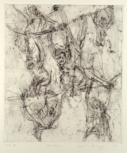 Artist: b'Bragge, Anita.' | Title: b'Monkeys' | Date: 1997, February | Technique: b'drypoint, printed in black ink, from one plate' Artist: b'Bragge, Anita.' | Title: b'Monkeys' | Date: 1997, February | Technique: b'drypoint, printed in black ink, from one plate'