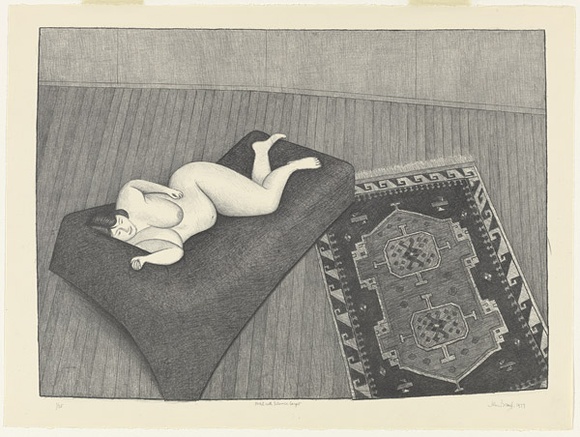 Artist: b'Brack, John.' | Title: b'Model with Islamic carpet.' | Date: 1977 | Technique: b'lithograph, printed in black ink, from one zinc plate' | Copyright: b'\xc2\xa9 Helen Brack' Artist: b'Brack, John.' | Title: b'Model with Islamic carpet.' | Date: 1977 | Technique: b'lithograph, printed in black ink, from one zinc plate' | Copyright: b'\xc2\xa9 Helen Brack'
