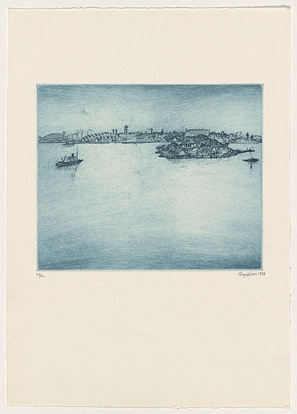 Artist: b'Rees, Lloyd.' | Title: b'Iron Cove, Sydney Harbour' | Date: 1978 | Technique: b'softground etching, printed in blue ink with plate-tone, from one zinc plate' | Copyright: b'\xc2\xa9 Alan and Jancis Rees' Artist: b'Rees, Lloyd.' | Title: b'Iron Cove, Sydney Harbour' | Date: 1978 | Technique: b'softground etching, printed in blue ink with plate-tone, from one zinc plate' | Copyright: b'\xc2\xa9 Alan and Jancis Rees'