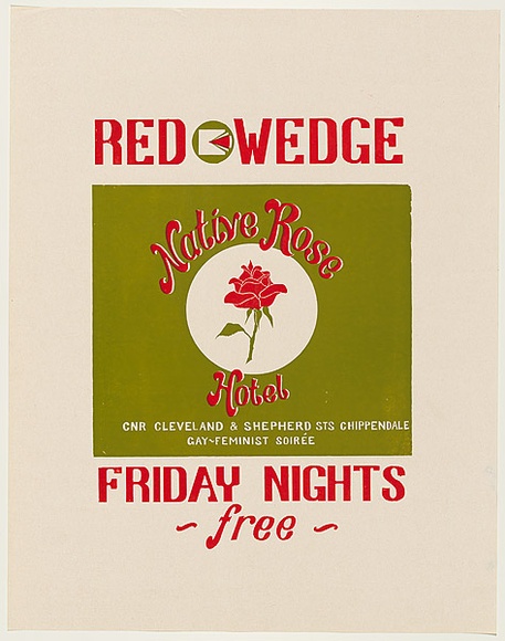 Artist: b'UNKNOWN' | Title: b'Red Wedge. Native Rose Hotel.' | Date: 1977 | Technique: b'screenprint, printed in colour, from two stencils'
