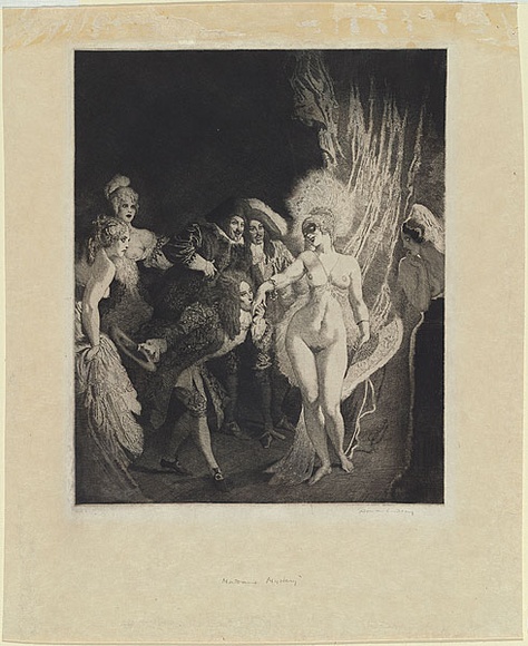 Artist: b'Lindsay, Norman.' | Title: b'Madam mystery.' | Date: 1920 | Technique: b'etching, printed in black ink, from one plate' Artist: b'Lindsay, Norman.' | Title: b'Madam mystery.' | Date: 1920 | Technique: b'etching, printed in black ink, from one plate'