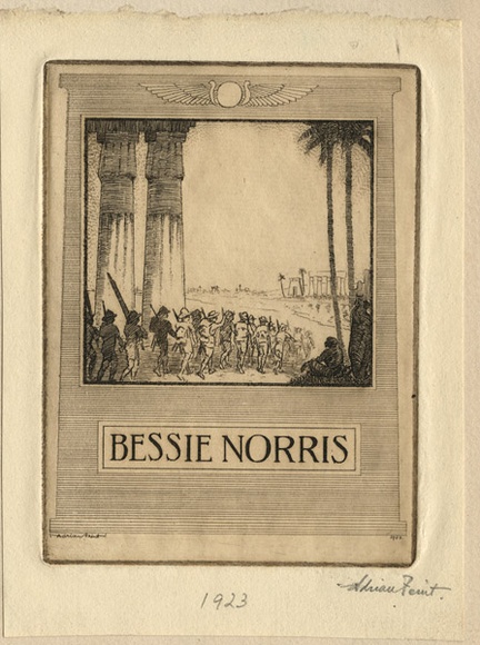 Artist: b'FEINT, Adrian' | Title: b'Bookplate: Bessie Norris.' | Date: 1923 | Technique: b'etching, printed in brown ink with plate-tone, from one plate' | Copyright: b'Courtesy the Estate of Adrian Feint' Artist: b'FEINT, Adrian' | Title: b'Bookplate: Bessie Norris.' | Date: 1923 | Technique: b'etching, printed in brown ink with plate-tone, from one plate' | Copyright: b'Courtesy the Estate of Adrian Feint'