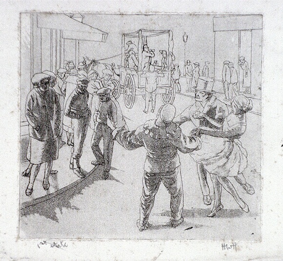 Artist: b'Hawkins, Weaver.' | Title: b'not titled [street carnival scene].' | Date: c.1920 | Technique: b'aquatint and drypoint, printed in black ink, from one plate' | Copyright: b'The Estate of H.F Weaver Hawkins'