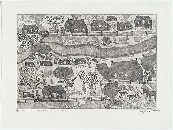 Artist: b'Kennedy, Roy.' | Title: b'The young and old culture on our mission' | Date: 2001 | Technique: b'etching, printed in black ink, from one plate' Artist: b'Kennedy, Roy.' | Title: b'The young and old culture on our mission' | Date: 2001 | Technique: b'etching, printed in black ink, from one plate'
