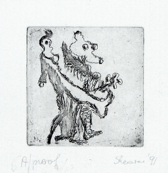 Artist: b'Shearer, Mitzi.' | Title: b'Humpty Dumpty had a great fall' | Date: 1986 | Technique: b'etching and aquatint, printed in black ink, from one plate' Artist: b'Shearer, Mitzi.' | Title: b'Humpty Dumpty had a great fall' | Date: 1986 | Technique: b'etching and aquatint, printed in black ink, from one plate'