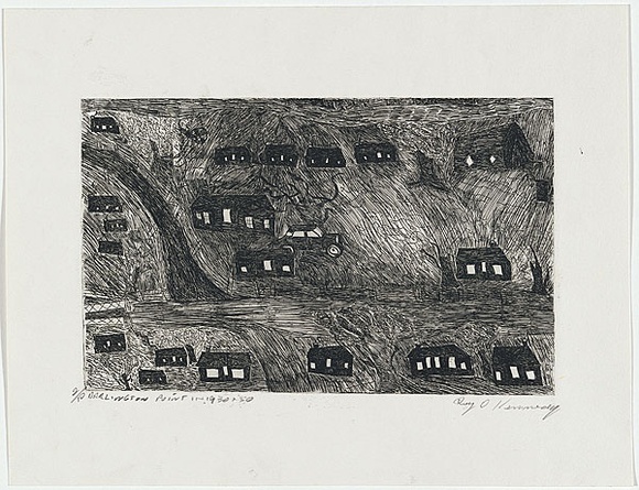 Artist: b'Kennedy, Roy.' | Title: b'Darlington Point in the 1930s and 1950s' | Date: 1998 | Technique: b'etching, printed in black ink, from one plate' Artist: b'Kennedy, Roy.' | Title: b'Darlington Point in the 1930s and 1950s' | Date: 1998 | Technique: b'etching, printed in black ink, from one plate'