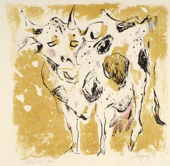 Artist: b'MACQUEEN, Mary' | Title: b'Spotted cow' | Date: 1981 | Technique: b'lithograph, printed in colour, from two multiple plates; hand-coloured' | Copyright: b'Courtesy Paulette Calhoun, for the estate of Mary Macqueen' Artist: b'MACQUEEN, Mary' | Title: b'Spotted cow' | Date: 1981 | Technique: b'lithograph, printed in colour, from two multiple plates; hand-coloured' | Copyright: b'Courtesy Paulette Calhoun, for the estate of Mary Macqueen'