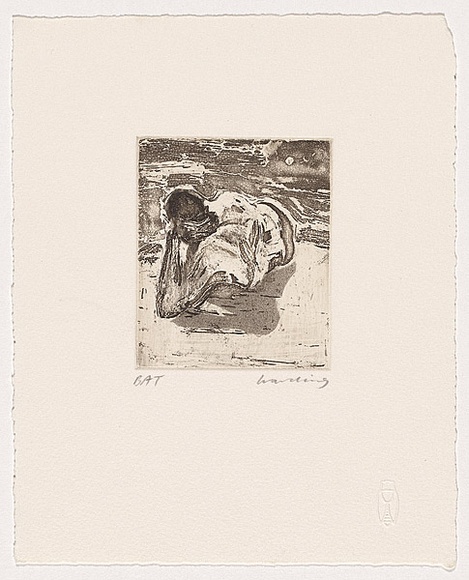 Artist: b'Harding, Nicholas.' | Title: b'Untitled (Man on beach).' | Date: 2004 | Technique: b'open-bite and aquatint, printed in black ink, from one plate' Artist: b'Harding, Nicholas.' | Title: b'Untitled (Man on beach).' | Date: 2004 | Technique: b'open-bite and aquatint, printed in black ink, from one plate'