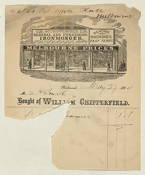 Title: b'Bill head for William Chipperfield' | Date: 1880s | Technique: b'wood-engraving, printed in black ink, from one block; letterpress' Title: b'Bill head for William Chipperfield' | Date: 1880s | Technique: b'wood-engraving, printed in black ink, from one block; letterpress'