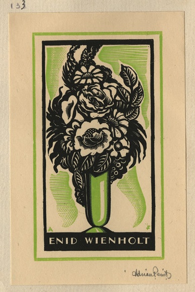 Artist: b'FEINT, Adrian' | Title: b'Bookplate: Enid Wienholt.' | Date: (1933) | Technique: b'wood-engraving, printed in colour, from two blocks in black and green ink' | Copyright: b'Courtesy the Estate of Adrian Feint' Artist: b'FEINT, Adrian' | Title: b'Bookplate: Enid Wienholt.' | Date: (1933) | Technique: b'wood-engraving, printed in colour, from two blocks in black and green ink' | Copyright: b'Courtesy the Estate of Adrian Feint'