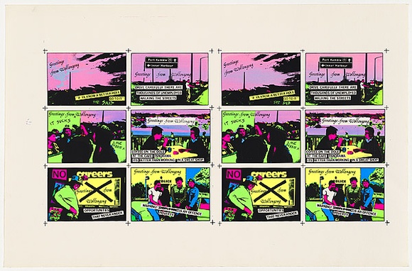 Title: b'Postcards: Greetings from Wollongong  - version 1 [double sheet]' | Date: 1979 | Technique: b'screenprint, printed in colour, from five stencils (recto)\nscreenprint, printed in black ink, from one stencil (verso)'