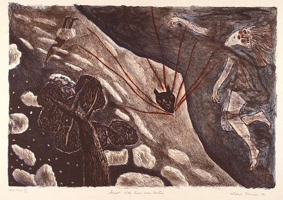 Artist: b'Robinson, William.' | Title: b'Sunset with diver and bathers' | Date: 1990 | Technique: b'lithograph, printed in colour, from four stones' Artist: b'Robinson, William.' | Title: b'Sunset with diver and bathers' | Date: 1990 | Technique: b'lithograph, printed in colour, from four stones'