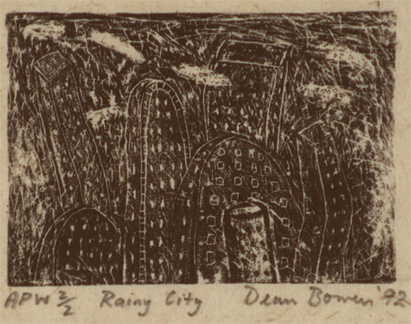 Artist: b'Bowen, Dean.' | Title: b'Rainy city' | Date: 1992 | Technique: b'etching, printed in black ink, from one plate' Artist: b'Bowen, Dean.' | Title: b'Rainy city' | Date: 1992 | Technique: b'etching, printed in black ink, from one plate'