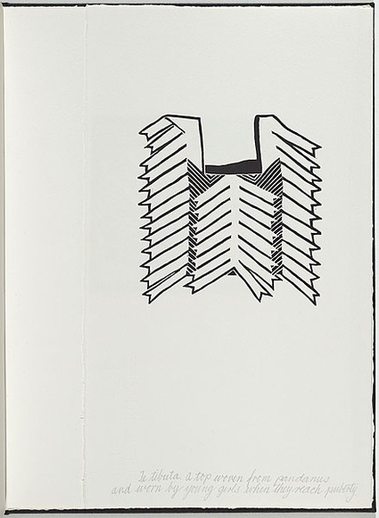 Artist: b'White, Robin.' | Title: b'Not titled (a top woven from pandanus).' | Date: 1985 | Technique: b'woodcut, printed in black ink, from one block' Artist: b'White, Robin.' | Title: b'Not titled (a top woven from pandanus).' | Date: 1985 | Technique: b'woodcut, printed in black ink, from one block'