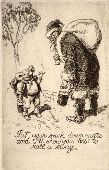 Artist: b'LINDSAY, Lionel' | Title: bChristmas card: Put your sack down mate and I'll show you how to roll a swag | Date: 1958 | Technique: b'etching, printed in black ink, from one plate' | Copyright: b'Courtesy of the National Library of Australia' Artist: b'LINDSAY, Lionel' | Title: bChristmas card: Put your sack down mate and I'll show you how to roll a swag | Date: 1958 | Technique: b'etching, printed in black ink, from one plate' | Copyright: b'Courtesy of the National Library of Australia'