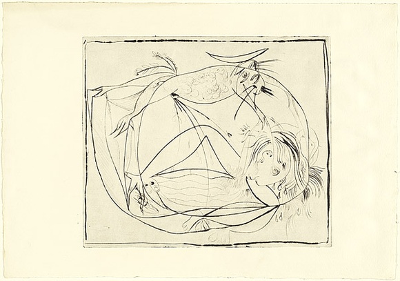 Artist: b'BOYD, Arthur' | Title: b'Nude unveiled by a dog.' | Date: (1962-63) | Technique: b'drypoint, printed in black ink, from one plate' | Copyright: b'Reproduced with permission of Bundanon Trust' Artist: b'BOYD, Arthur' | Title: b'Nude unveiled by a dog.' | Date: (1962-63) | Technique: b'drypoint, printed in black ink, from one plate' | Copyright: b'Reproduced with permission of Bundanon Trust'