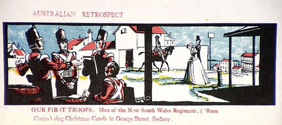 Artist: b'Wallace-Crabbe, Kenneth.' | Title: b'Greeting card: Our first troops' | Date: 1960s | Technique: b'wood-engraving, printed in colour, from multiple blocks' | Copyright: b'Courtesy the estate of Kenneth Wallace-Crabbe' Artist: b'Wallace-Crabbe, Kenneth.' | Title: b'Greeting card: Our first troops' | Date: 1960s | Technique: b'wood-engraving, printed in colour, from multiple blocks' | Copyright: b'Courtesy the estate of Kenneth Wallace-Crabbe'