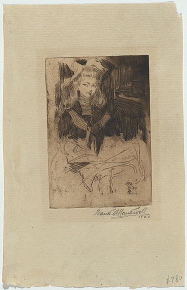 Artist: b'Nankivell, Frank A.' | Title: b'(Young girl sitting with a book)' | Date: 1897 | Technique: b'etching, and aquatint, printed in brown ink with plate-tone, from one copper plate' Artist: b'Nankivell, Frank A.' | Title: b'(Young girl sitting with a book)' | Date: 1897 | Technique: b'etching, and aquatint, printed in brown ink with plate-tone, from one copper plate'
