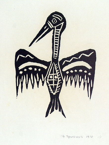 Artist: b'Tipungwuti, Giovanni (John).' | Title: b'Bird with outstretched wings' | Date: 1971 | Technique: b'woodcut, printed in black ink, from one block' Artist: b'Tipungwuti, Giovanni (John).' | Title: b'Bird with outstretched wings' | Date: 1971 | Technique: b'woodcut, printed in black ink, from one block'