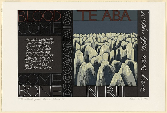 Artist: b'White, Robin.' | Title: b'Postcard from Pleasant Island III' | Date: 1989 | Technique: b'linocut, printed in colour, from mutliple blocks' Artist: b'White, Robin.' | Title: b'Postcard from Pleasant Island III' | Date: 1989 | Technique: b'linocut, printed in colour, from mutliple blocks'