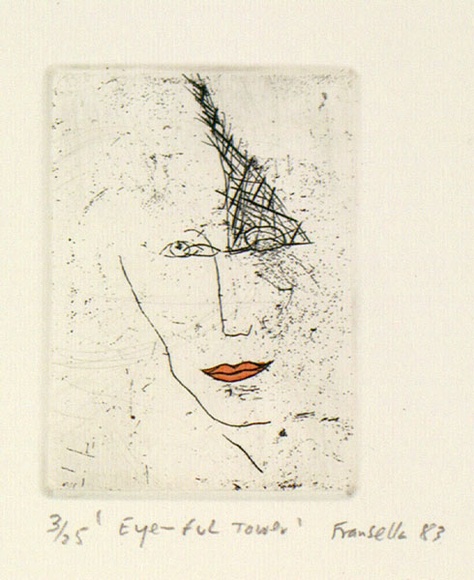 Artist: b'Fransella, Graham.' | Title: b'Eyeful tower.' | Date: 1983 | Technique: b'etching, printed in black ink, from one plate; hand-coloured' | Copyright: b'Courtesy of the artist' Artist: b'Fransella, Graham.' | Title: b'Eyeful tower.' | Date: 1983 | Technique: b'etching, printed in black ink, from one plate; hand-coloured' | Copyright: b'Courtesy of the artist'