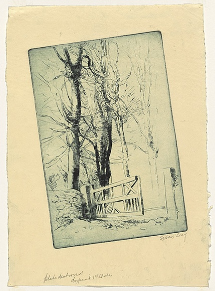 Artist: b'Long, Sydney.' | Title: b'The green gate' | Date: 1928, before | Technique: b'drypoint, printed in blue ink from one plate' | Copyright: b'Reproduced with the kind permission of the Ophthalmic Research Institute of Australia' Artist: b'Long, Sydney.' | Title: b'The green gate' | Date: 1928, before | Technique: b'drypoint, printed in blue ink from one plate' | Copyright: b'Reproduced with the kind permission of the Ophthalmic Research Institute of Australia'