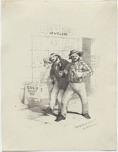 Artist: b'GILL, S.T.' | Title: b'Improvident diggers in Melbourne.' | Date: 1852 | Technique: b'lithograph, printed in black ink, from one stone' Artist: b'GILL, S.T.' | Title: b'Improvident diggers in Melbourne.' | Date: 1852 | Technique: b'lithograph, printed in black ink, from one stone'