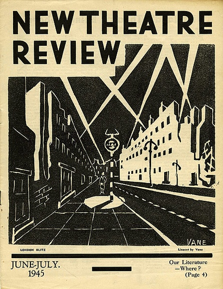 Title: b'New theatre review: June-July 1945' | Date: May 1945 | Technique: b'linocut, printed in black ink, from one block; letterpress text' Title: b'New theatre review: June-July 1945' | Date: May 1945 | Technique: b'linocut, printed in black ink, from one block; letterpress text'