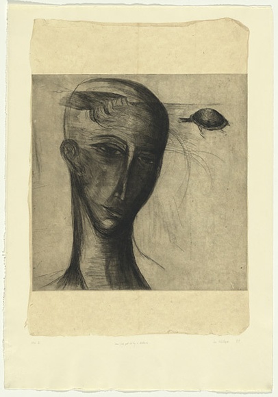 Artist: b'Palethorpe, Jan' | Title: b'Some Greek got hit by a tortoise' | Date: 1989 | Technique: b'etching, printed in black ink, from one plate' Artist: b'Palethorpe, Jan' | Title: b'Some Greek got hit by a tortoise' | Date: 1989 | Technique: b'etching, printed in black ink, from one plate'