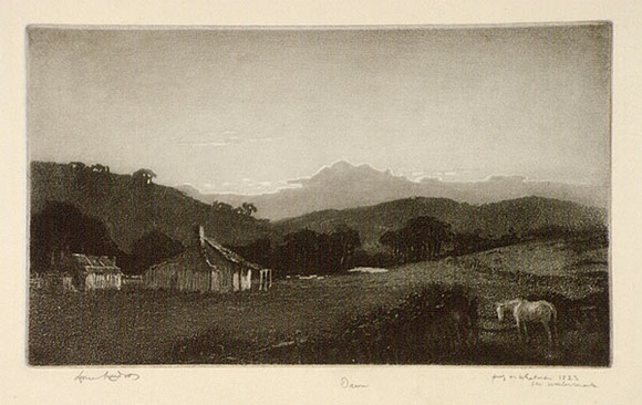 Artist: b'LINDSAY, Lionel' | Title: b'Dawn' | Date: 1923 | Technique: b'aquatint and burnishing, printed in brown ink with wiped highlights, from one plate' | Copyright: b'Courtesy of the National Library of Australia' Artist: b'LINDSAY, Lionel' | Title: b'Dawn' | Date: 1923 | Technique: b'aquatint and burnishing, printed in brown ink with wiped highlights, from one plate' | Copyright: b'Courtesy of the National Library of Australia'