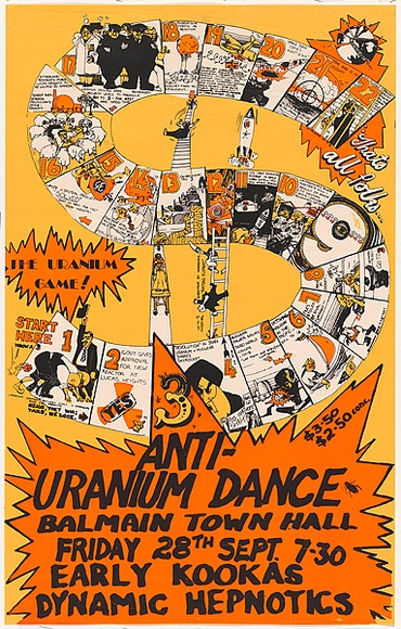 Artist: b'Lane, Leonie.' | Title: b'Anti-uranium dance Balmain Town Hall...Early Kookas, Dynamic Hepnotics.' | Date: 1979 | Technique: b'screenprint, printed in colour, from three stencils' | Copyright: b'\xc2\xa9 Leonie Lane' Artist: b'Lane, Leonie.' | Title: b'Anti-uranium dance Balmain Town Hall...Early Kookas, Dynamic Hepnotics.' | Date: 1979 | Technique: b'screenprint, printed in colour, from three stencils' | Copyright: b'\xc2\xa9 Leonie Lane'