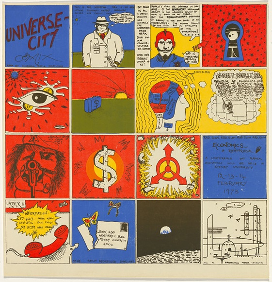 Artist: b'UNKNOWN' | Title: b'Universe-city comix: Read by discerning people everywhere.' | Date: 1972 | Technique: b'screenprint, printed in colour, from multiple stencils' Artist: b'UNKNOWN' | Title: b'Universe-city comix: Read by discerning people everywhere.' | Date: 1972 | Technique: b'screenprint, printed in colour, from multiple stencils'