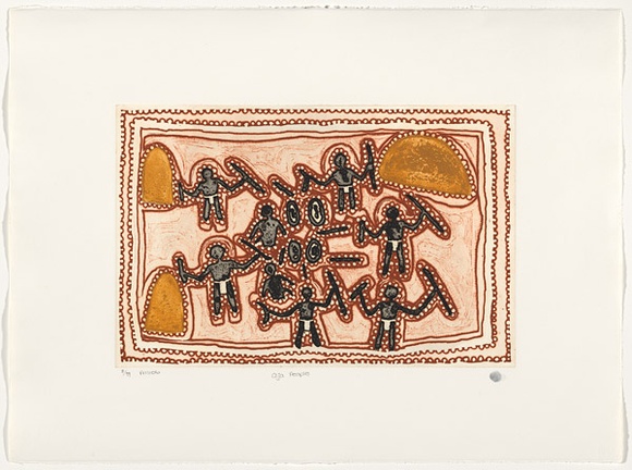 Artist: b'McKenzie, Queenie' | Title: b'Gija people' | Date: 1999 | Technique: b'etching, printed in colour, fom multiple plates' Artist: b'McKenzie, Queenie' | Title: b'Gija people' | Date: 1999 | Technique: b'etching, printed in colour, fom multiple plates'