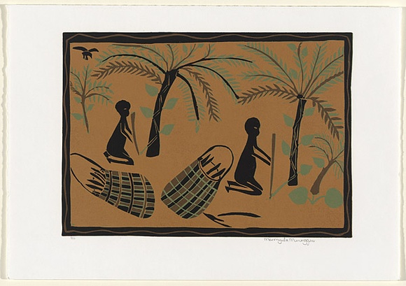 Artist: b'MUNUNGGURR, Marrnyula 2' | Title: b'Buwakul - Ganguri' | Date: 1997 | Technique: b'linocut, printed in colour (by reduction method), from one block' Artist: b'MUNUNGGURR, Marrnyula 2' | Title: b'Buwakul - Ganguri' | Date: 1997 | Technique: b'linocut, printed in colour (by reduction method), from one block'