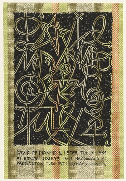 Artist: b'McDiarmid, David.' | Title: b'Exhibition poster: David McDiarmid & Peter Tully 1984 at Roslyn Oxley (green background)' | Date: 1984 | Technique: b'screenprint' | Copyright: b'Courtesy of copyright owner, Merlene Gibson (sister)' Artist: b'McDiarmid, David.' | Title: b'Exhibition poster: David McDiarmid & Peter Tully 1984 at Roslyn Oxley (green background)' | Date: 1984 | Technique: b'screenprint' | Copyright: b'Courtesy of copyright owner, Merlene Gibson (sister)'