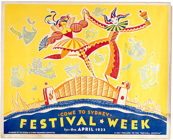 Artist: b'Annand, Douglas.' | Title: b'Come to Sydney. Festival Week 1st - 8th April 1933.' | Date: 1933 | Technique: b'photo-lithograph, printed in colour, from multiple plates' | Copyright: b'\xc2\xa9 A.M. Annand' Artist: b'Annand, Douglas.' | Title: b'Come to Sydney. Festival Week 1st - 8th April 1933.' | Date: 1933 | Technique: b'photo-lithograph, printed in colour, from multiple plates' | Copyright: b'\xc2\xa9 A.M. Annand'
