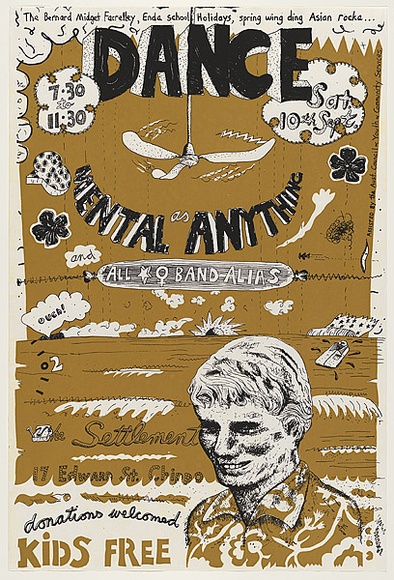 Artist: b'WORSTEAD, Paul' | Title: b'Mental as Anything Dance all Band Alias.' | Date: 1977 | Technique: b'screenprint, printed in colour, from two stencils,' | Copyright: b'This work appears on screen courtesy of the artist' Artist: b'WORSTEAD, Paul' | Title: b'Mental as Anything Dance all Band Alias.' | Date: 1977 | Technique: b'screenprint, printed in colour, from two stencils,' | Copyright: b'This work appears on screen courtesy of the artist'