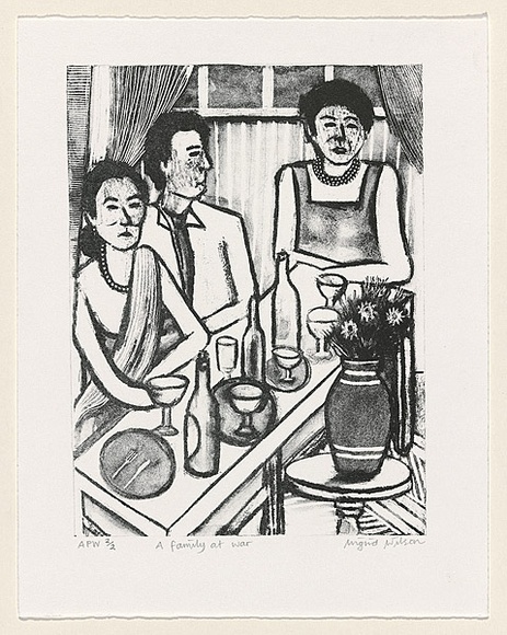 Artist: b'Wilson, Ingrid.' | Title: b'A family at war' | Date: 1999, October | Technique: b'lithograph, printed in black ink, from one plate' Artist: b'Wilson, Ingrid.' | Title: b'A family at war' | Date: 1999, October | Technique: b'lithograph, printed in black ink, from one plate'