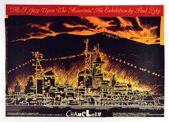 Artist: b'ARNOLD, Raymond' | Title: b'As I gaze upon the mountain. An exhibition by Paul Zika, Chameleon Gallery, Hobart.' | Date: 1987 | Technique: b'screenprint, printed in colour, from three stencils' Artist: b'ARNOLD, Raymond' | Title: b'As I gaze upon the mountain. An exhibition by Paul Zika, Chameleon Gallery, Hobart.' | Date: 1987 | Technique: b'screenprint, printed in colour, from three stencils'