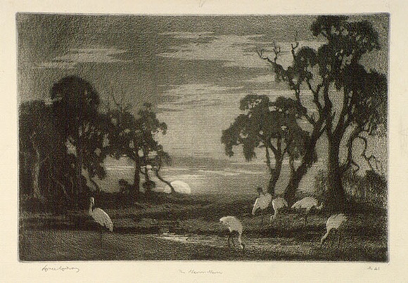 Artist: b'LINDSAY, Lionel' | Title: b'The Never Never, a composition' | Date: 1924 | Technique: b'spirit-aquatint, printed in green/black ink, from one plate' | Copyright: b'Courtesy of the National Library of Australia' Artist: b'LINDSAY, Lionel' | Title: b'The Never Never, a composition' | Date: 1924 | Technique: b'spirit-aquatint, printed in green/black ink, from one plate' | Copyright: b'Courtesy of the National Library of Australia'