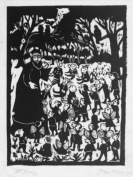Artist: b'Allen, Joyce.' | Title: b'(Meeting in the Grove with Wizard Agonis).' | Date: 1987 | Technique: b'linocut, printed in black ink, from one block' Artist: b'Allen, Joyce.' | Title: b'(Meeting in the Grove with Wizard Agonis).' | Date: 1987 | Technique: b'linocut, printed in black ink, from one block'