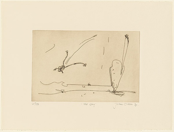 Artist: b'Olsen, John.' | Title: b'The leap' | Date: 1975 | Technique: b'etching, printed in black ink, from one zinc plate' | Copyright: b'\xc2\xa9 John Olsen. Licensed by VISCOPY, Australia' Artist: b'Olsen, John.' | Title: b'The leap' | Date: 1975 | Technique: b'etching, printed in black ink, from one zinc plate' | Copyright: b'\xc2\xa9 John Olsen. Licensed by VISCOPY, Australia'
