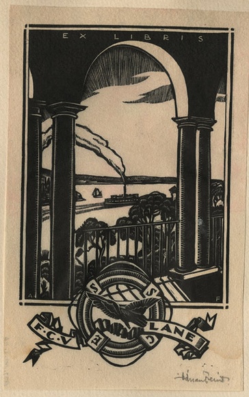 Artist: b'FEINT, Adrian' | Title: b'Bookplate: F C V Lane.' | Date: (1931) | Technique: b'wood-engraving, printed in black ink, from one block' | Copyright: b'Courtesy the Estate of Adrian Feint' Artist: b'FEINT, Adrian' | Title: b'Bookplate: F C V Lane.' | Date: (1931) | Technique: b'wood-engraving, printed in black ink, from one block' | Copyright: b'Courtesy the Estate of Adrian Feint'