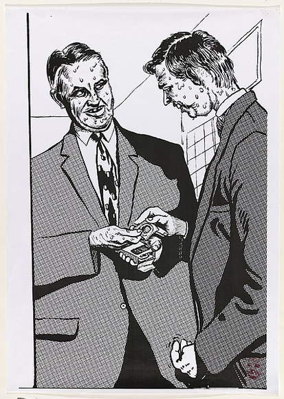 Artist: bO'Donnell, Aaron. | Title: b'not titled [condom guys].' | Date: 2003 | Technique: b'photocopy, printed in dark red and black ink; red stamp'
