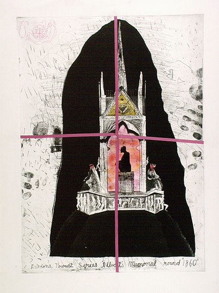Artist: b'Moore, Mary.' | Title: bAlbert's Memorial | Date: 1980 | Technique: b'aquatint, etching, engraving and burnishing printed in black ink, from one plate with air brushed coloured inks, pencil, pink pencil and collage of cotton ribbon' | Copyright: b'\xc2\xa9 Mary Moore' Artist: b'Moore, Mary.' | Title: bAlbert's Memorial | Date: 1980 | Technique: b'aquatint, etching, engraving and burnishing printed in black ink, from one plate with air brushed coloured inks, pencil, pink pencil and collage of cotton ribbon' | Copyright: b'\xc2\xa9 Mary Moore'