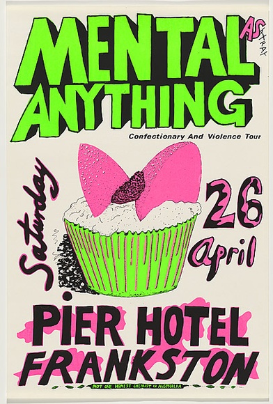 Artist: b'WORSTEAD, Paul' | Title: b'Mental as anything - Pier Hotel Frankston (not one honest chemist in Australia)' | Date: 1980 | Technique: b'screenprint, printed in colour, from three stencils' | Copyright: b'This work appears on screen courtesy of the artist' Artist: b'WORSTEAD, Paul' | Title: b'Mental as anything - Pier Hotel Frankston (not one honest chemist in Australia)' | Date: 1980 | Technique: b'screenprint, printed in colour, from three stencils' | Copyright: b'This work appears on screen courtesy of the artist'