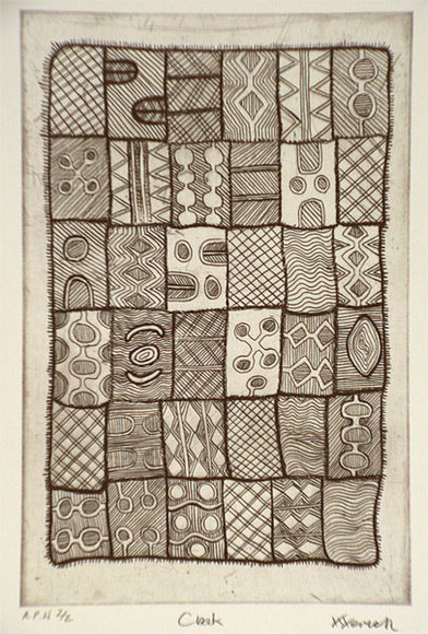 Artist: b'Berick, Wendy Watjera.' | Title: b'Cloak' | Date: 1999, April | Technique: b'etching, printed in black ink, from one plate' Artist: b'Berick, Wendy Watjera.' | Title: b'Cloak' | Date: 1999, April | Technique: b'etching, printed in black ink, from one plate'
